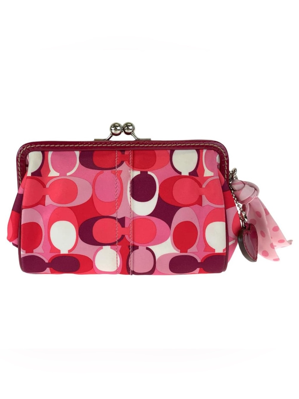NEW COACH 41096 Y2K Signature Magenta Satin Scarf Print Kiss-Lock Frame Wristlet